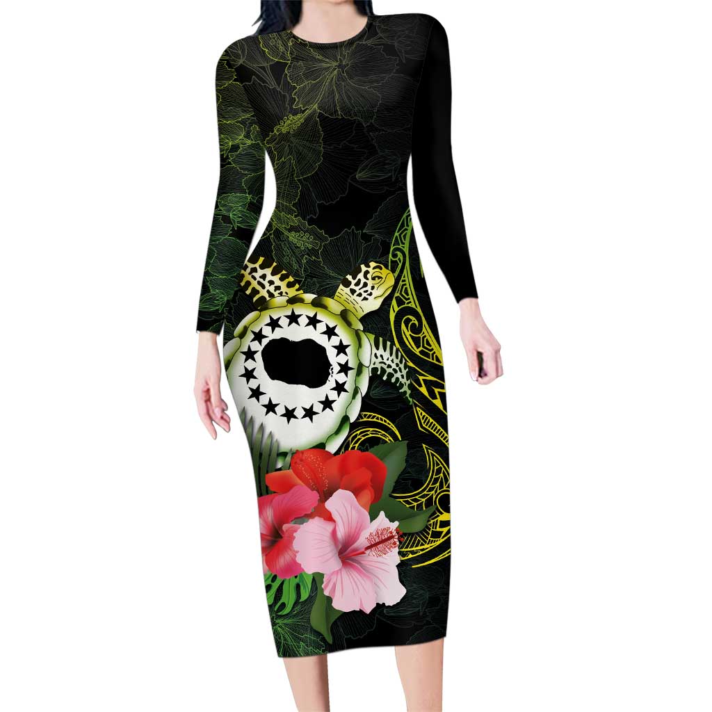 Kia Orana Cook Islands Family Matching Long Sleeve Bodycon Dress and Hawaiian Shirt Turtle and Hibiscus Polynesian Pattern LT03 Mom's Dress Yellow - Polynesian Pride