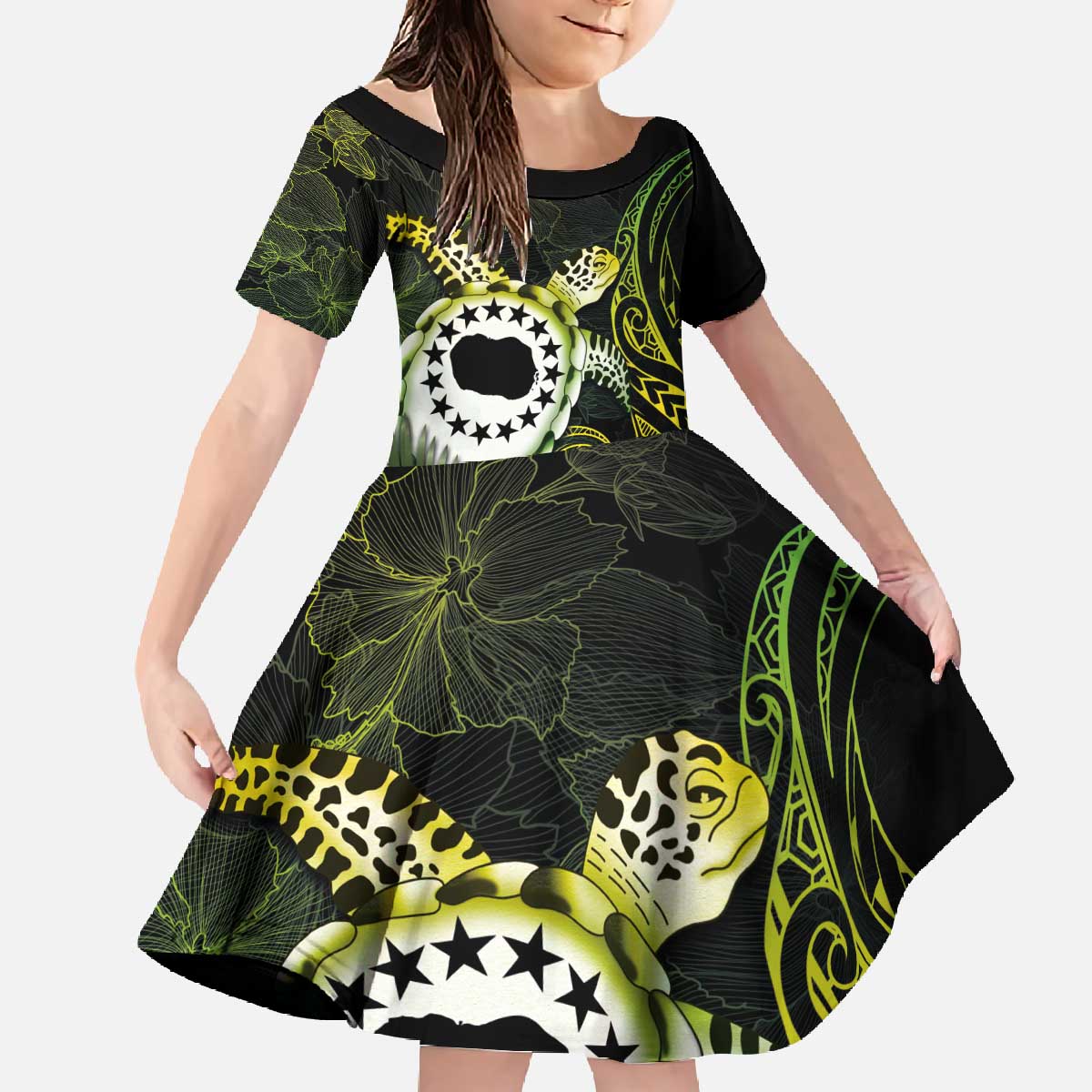 Kia Orana Cook Islands Family Matching Off The Shoulder Long Sleeve Dress and Hawaiian Shirt Turtle and Hibiscus Polynesian Pattern LT03 Daughter's Dress Yellow - Polynesian Pride