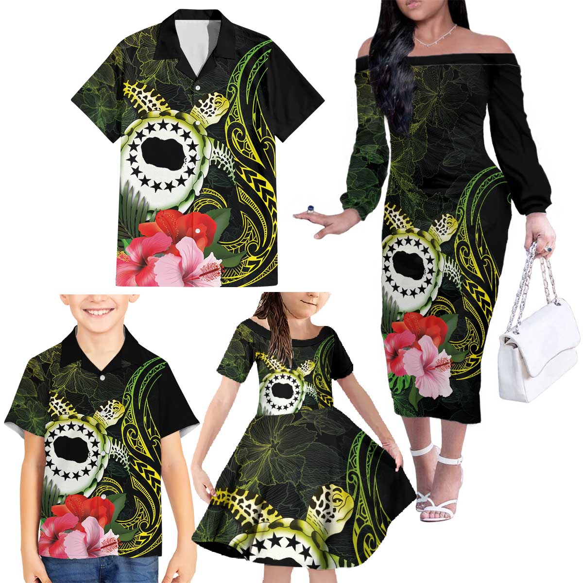 Kia Orana Cook Islands Family Matching Off The Shoulder Long Sleeve Dress and Hawaiian Shirt Turtle and Hibiscus Polynesian Pattern LT03 - Polynesian Pride