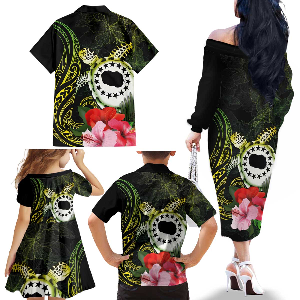 Kia Orana Cook Islands Family Matching Off The Shoulder Long Sleeve Dress and Hawaiian Shirt Turtle and Hibiscus Polynesian Pattern LT03 - Polynesian Pride