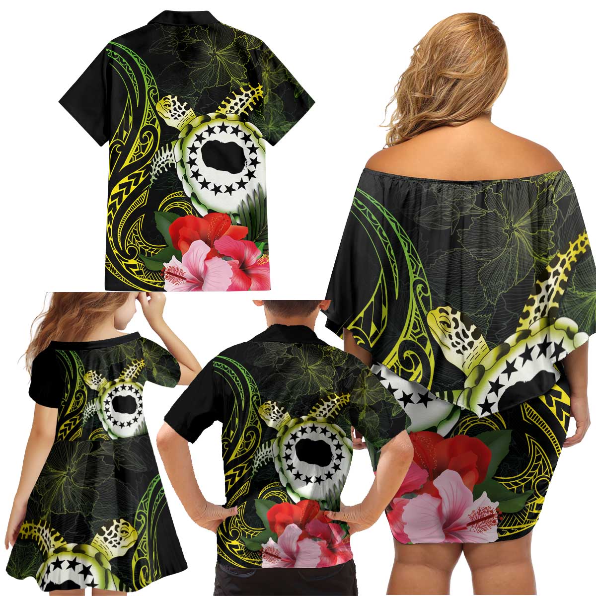 Kia Orana Cook Islands Family Matching Off Shoulder Short Dress and Hawaiian Shirt Turtle and Hibiscus Polynesian Pattern LT03 - Polynesian Pride