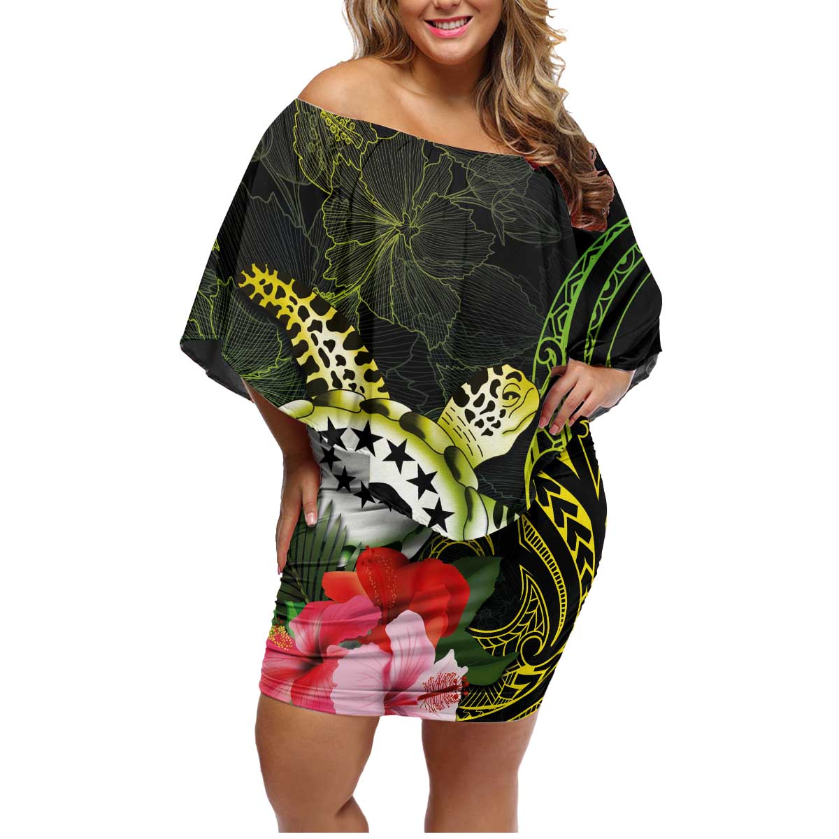 Kia Orana Cook Islands Family Matching Off Shoulder Short Dress and Hawaiian Shirt Turtle and Hibiscus Polynesian Pattern LT03 Mom's Dress Yellow - Polynesian Pride