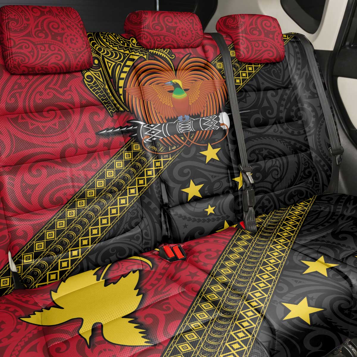 Papua New Guinea Goroka Show Back Car Seat Cover Bird-of-paradise and Melanesian Tattoo Pattern LT03 - Polynesian Pride