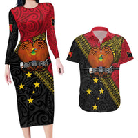 Papua New Guinea Goroka Show Couples Matching Long Sleeve Bodycon Dress and Hawaiian Shirt Bird-of-paradise and Melanesian Tattoo Pattern LT03 Red - Polynesian Pride