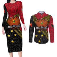 Papua New Guinea Goroka Show Couples Matching Long Sleeve Bodycon Dress and Long Sleeve Button Shirt Bird-of-paradise and Melanesian Tattoo Pattern LT03 Red - Polynesian Pride