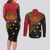 Papua New Guinea Goroka Show Couples Matching Long Sleeve Bodycon Dress and Long Sleeve Button Shirt Bird-of-paradise and Melanesian Tattoo Pattern LT03 - Polynesian Pride