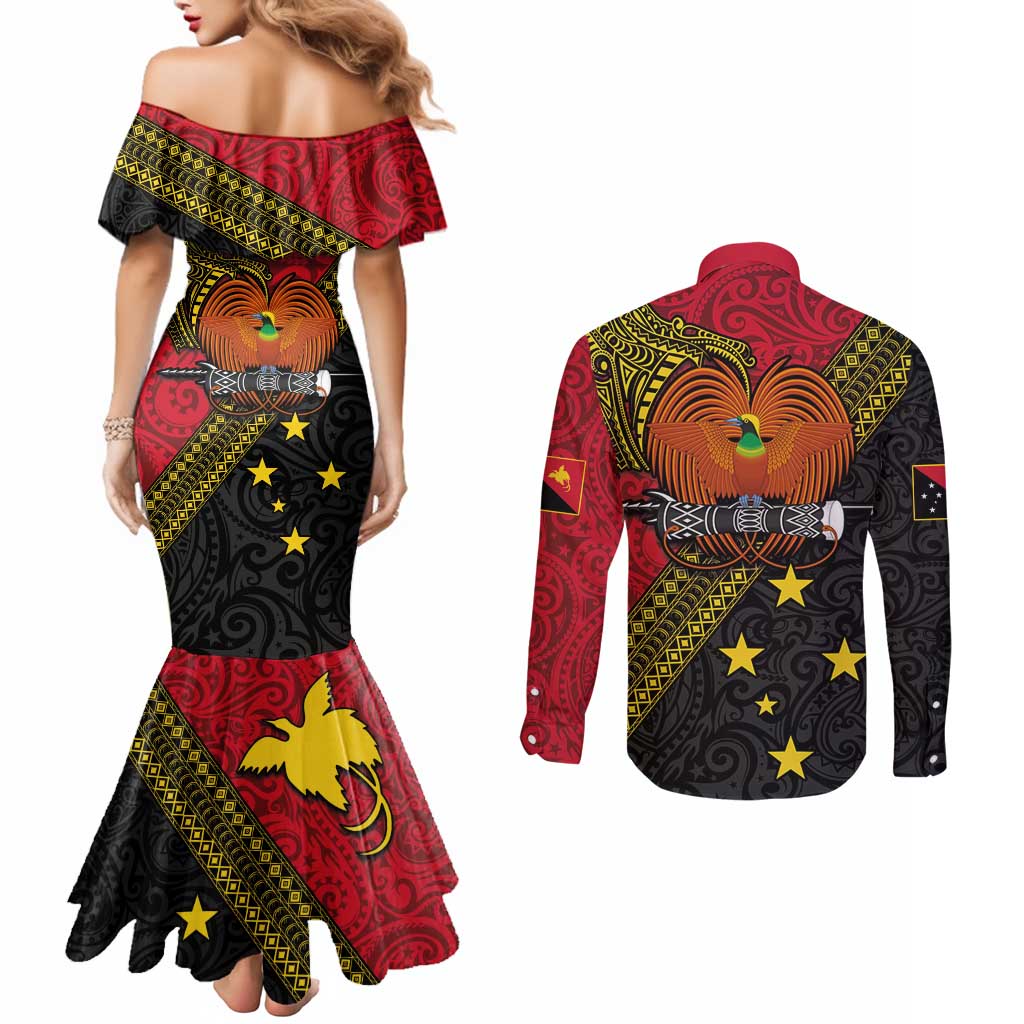 Papua New Guinea Goroka Show Couples Matching Mermaid Dress and Long Sleeve Button Shirt Bird-of-paradise and Melanesian Tattoo Pattern LT03 - Polynesian Pride