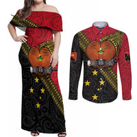 Papua New Guinea Goroka Show Couples Matching Off Shoulder Maxi Dress and Long Sleeve Button Shirt Bird-of-paradise and Melanesian Tattoo Pattern LT03 Red - Polynesian Pride