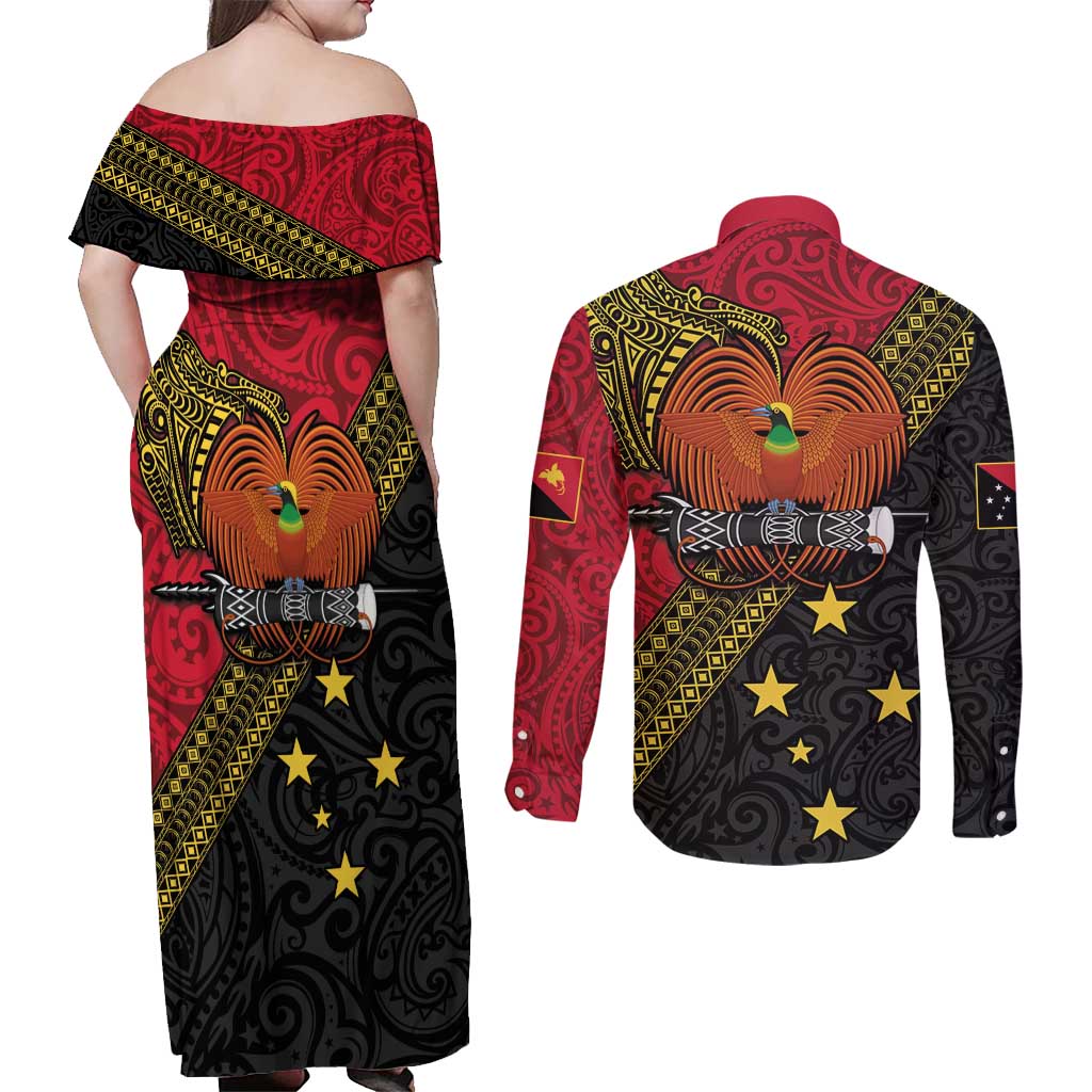 Papua New Guinea Goroka Show Couples Matching Off Shoulder Maxi Dress and Long Sleeve Button Shirt Bird-of-paradise and Melanesian Tattoo Pattern LT03 - Polynesian Pride