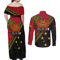 Papua New Guinea Goroka Show Couples Matching Off Shoulder Maxi Dress and Long Sleeve Button Shirt Bird-of-paradise and Melanesian Tattoo Pattern LT03 - Polynesian Pride