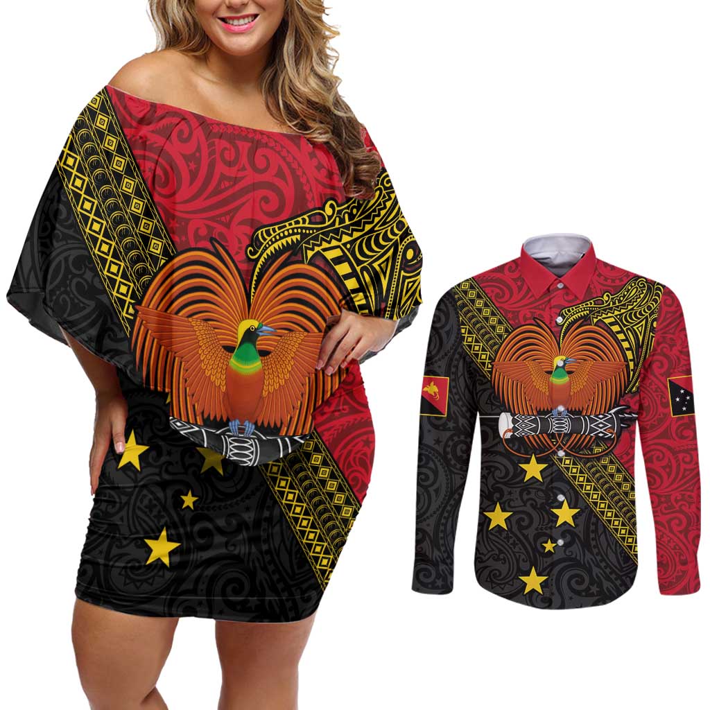 Papua New Guinea Goroka Show Couples Matching Off Shoulder Short Dress and Long Sleeve Button Shirt Bird-of-paradise and Melanesian Tattoo Pattern LT03 Red - Polynesian Pride