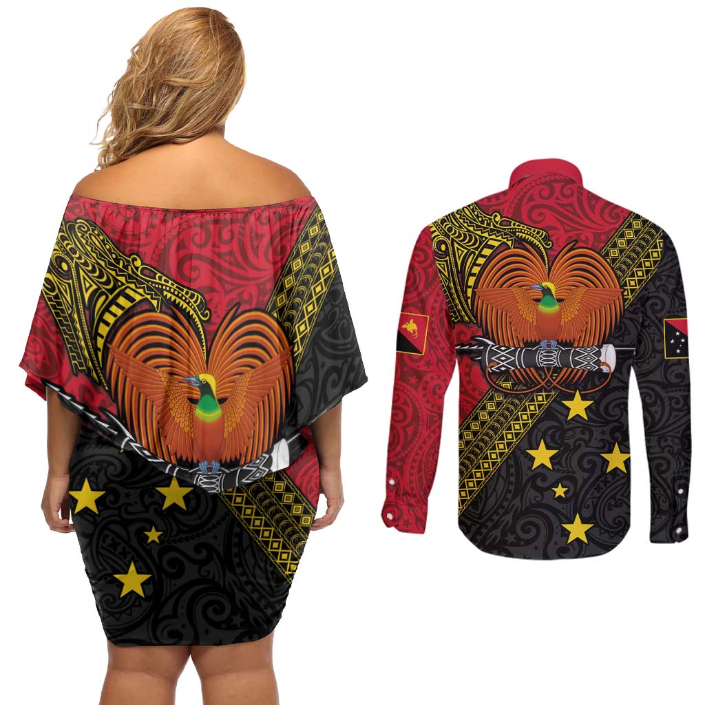 Papua New Guinea Goroka Show Couples Matching Off Shoulder Short Dress and Long Sleeve Button Shirt Bird-of-paradise and Melanesian Tattoo Pattern LT03 - Polynesian Pride