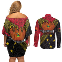 Papua New Guinea Goroka Show Couples Matching Off Shoulder Short Dress and Long Sleeve Button Shirt Bird-of-paradise and Melanesian Tattoo Pattern LT03 - Polynesian Pride