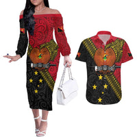 Papua New Guinea Goroka Show Couples Matching Off The Shoulder Long Sleeve Dress and Hawaiian Shirt Bird-of-paradise and Melanesian Tattoo Pattern LT03 Red - Polynesian Pride