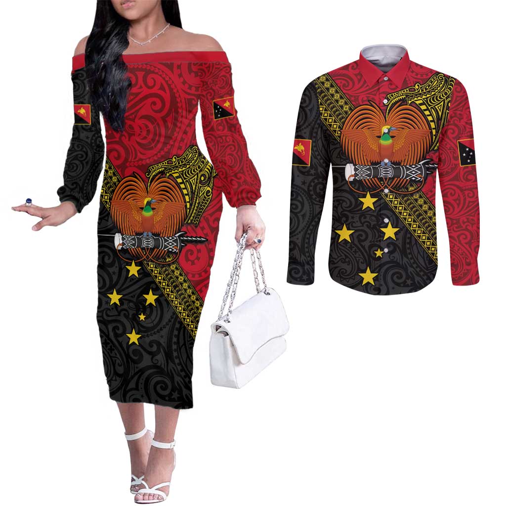 Papua New Guinea Goroka Show Couples Matching Off The Shoulder Long Sleeve Dress and Long Sleeve Button Shirt Bird-of-paradise and Melanesian Tattoo Pattern LT03 Red - Polynesian Pride
