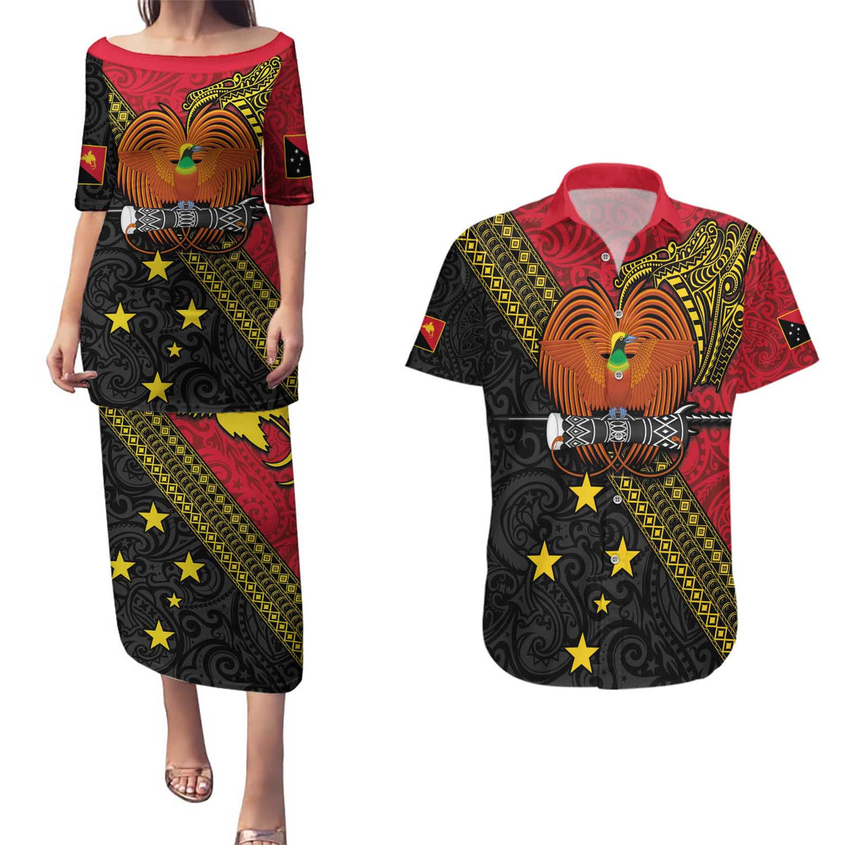 Papua New Guinea Goroka Show Couples Matching Puletasi and Hawaiian Shirt Bird-of-paradise and Melanesian Tattoo Pattern LT03 Red - Polynesian Pride