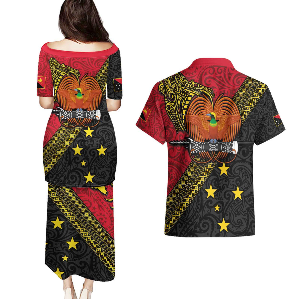 Papua New Guinea Goroka Show Couples Matching Puletasi and Hawaiian Shirt Bird-of-paradise and Melanesian Tattoo Pattern LT03 - Polynesian Pride