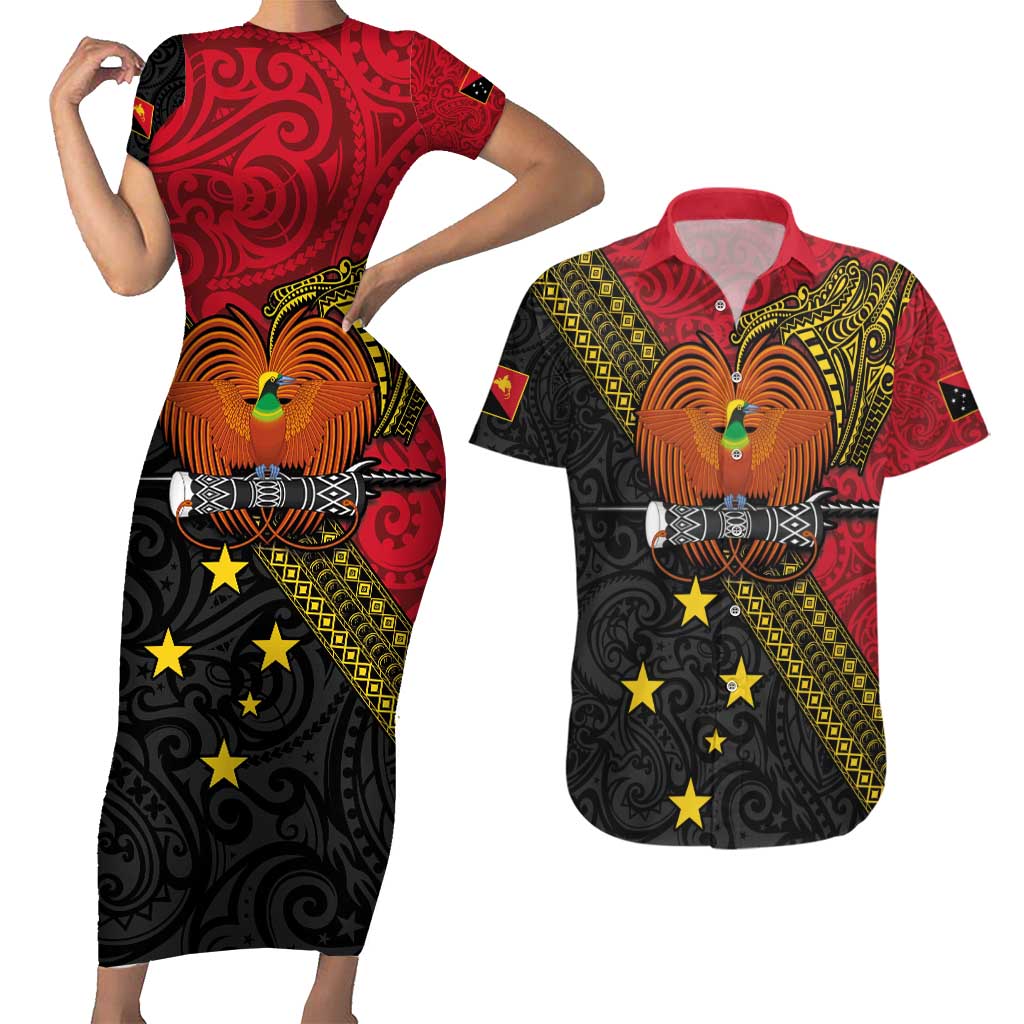 Papua New Guinea Goroka Show Couples Matching Short Sleeve Bodycon Dress and Hawaiian Shirt Bird-of-paradise and Melanesian Tattoo Pattern LT03 Red - Polynesian Pride