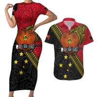 Papua New Guinea Goroka Show Couples Matching Short Sleeve Bodycon Dress and Hawaiian Shirt Bird-of-paradise and Melanesian Tattoo Pattern LT03 Red - Polynesian Pride
