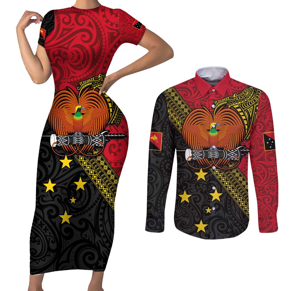 Papua New Guinea Goroka Show Couples Matching Short Sleeve Bodycon Dress and Long Sleeve Button Shirt Bird-of-paradise and Melanesian Tattoo Pattern LT03 Red - Polynesian Pride