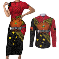 Papua New Guinea Goroka Show Couples Matching Short Sleeve Bodycon Dress and Long Sleeve Button Shirt Bird-of-paradise and Melanesian Tattoo Pattern LT03 Red - Polynesian Pride