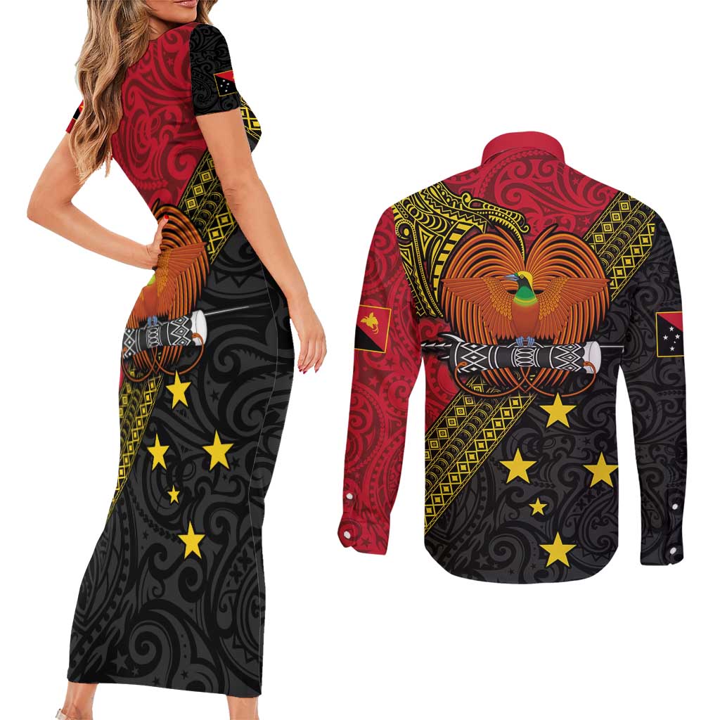 Papua New Guinea Goroka Show Couples Matching Short Sleeve Bodycon Dress and Long Sleeve Button Shirt Bird-of-paradise and Melanesian Tattoo Pattern LT03 - Polynesian Pride