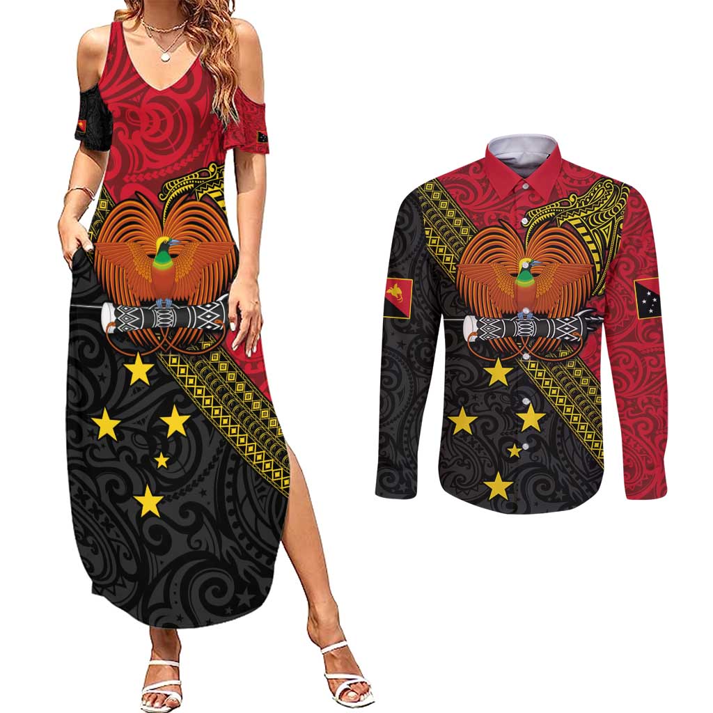 Papua New Guinea Goroka Show Couples Matching Summer Maxi Dress and Long Sleeve Button Shirt Bird-of-paradise and Melanesian Tattoo Pattern LT03 Red - Polynesian Pride