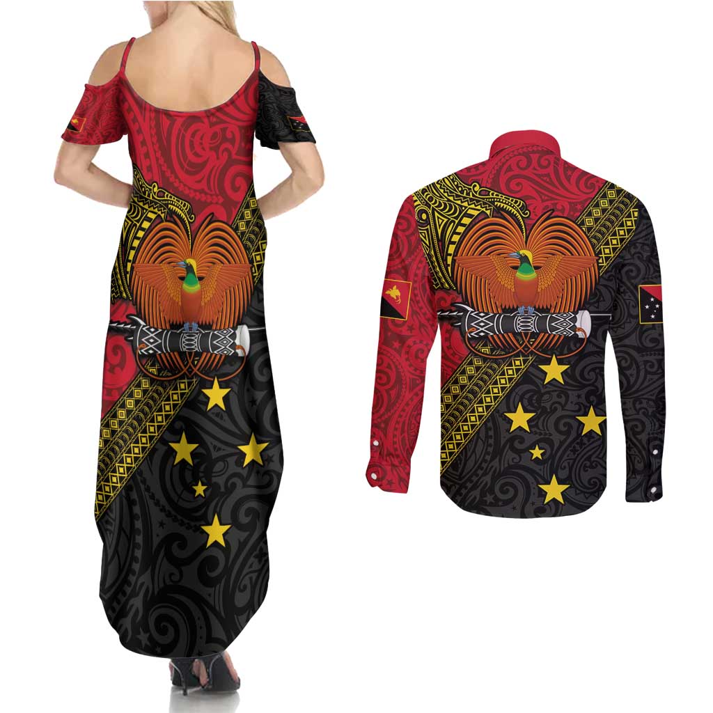 Papua New Guinea Goroka Show Couples Matching Summer Maxi Dress and Long Sleeve Button Shirt Bird-of-paradise and Melanesian Tattoo Pattern LT03 - Polynesian Pride