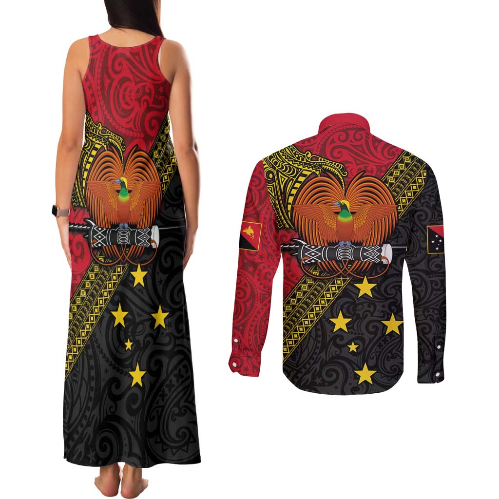 Papua New Guinea Goroka Show Couples Matching Tank Maxi Dress and Long Sleeve Button Shirt Bird-of-paradise and Melanesian Tattoo Pattern LT03 - Polynesian Pride