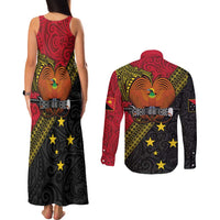 Papua New Guinea Goroka Show Couples Matching Tank Maxi Dress and Long Sleeve Button Shirt Bird-of-paradise and Melanesian Tattoo Pattern LT03 - Polynesian Pride