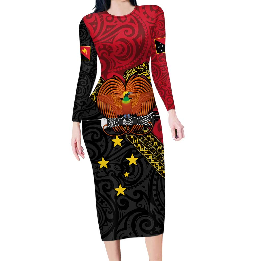 Papua New Guinea Goroka Show Family Matching Long Sleeve Bodycon Dress and Hawaiian Shirt Bird-of-paradise and Melanesian Tattoo Pattern LT03 Mom's Dress Red - Polynesian Pride