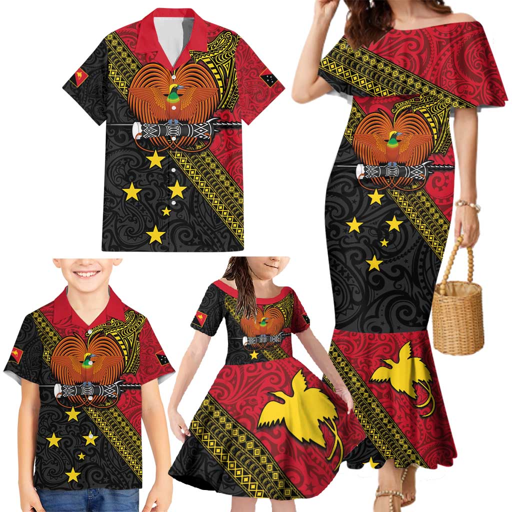 Papua new Guinea Goroka Show Family Matching Mermaid Dress and Hawaiian Shirt Bird-of-paradise and Melanesian Tattoo Pattern