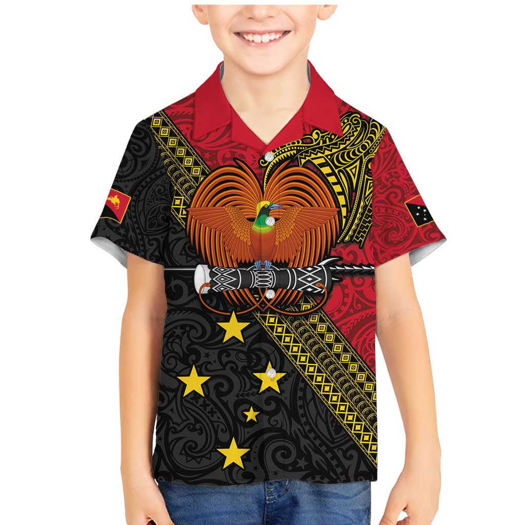 Papua New Guinea Goroka Show Family Matching Mermaid Dress and Hawaiian Shirt Bird-of-paradise and Melanesian Tattoo Pattern LT03 Son's Shirt Red - Polynesian Pride