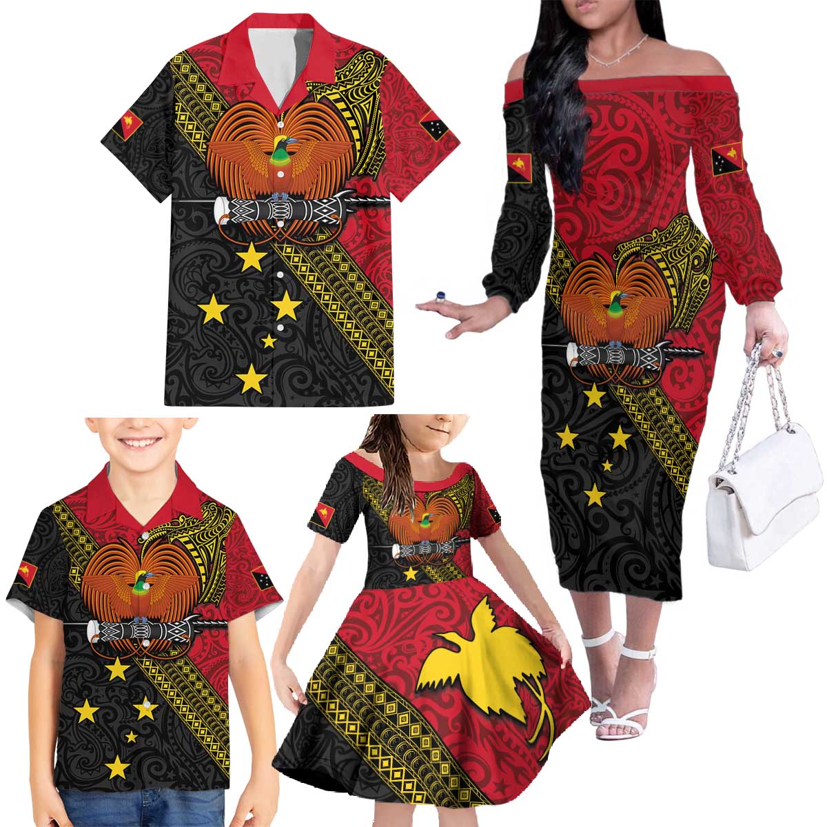 Papua New Guinea Goroka Show Family Matching Off The Shoulder Long Sleeve Dress and Hawaiian Shirt Bird-of-paradise and Melanesian Tattoo Pattern LT03 - Polynesian Pride