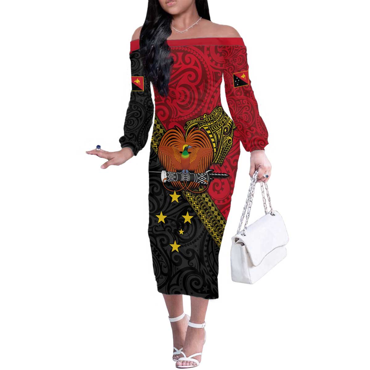 Papua New Guinea Goroka Show Family Matching Off The Shoulder Long Sleeve Dress and Hawaiian Shirt Bird-of-paradise and Melanesian Tattoo Pattern LT03 Mom's Dress Red - Polynesian Pride