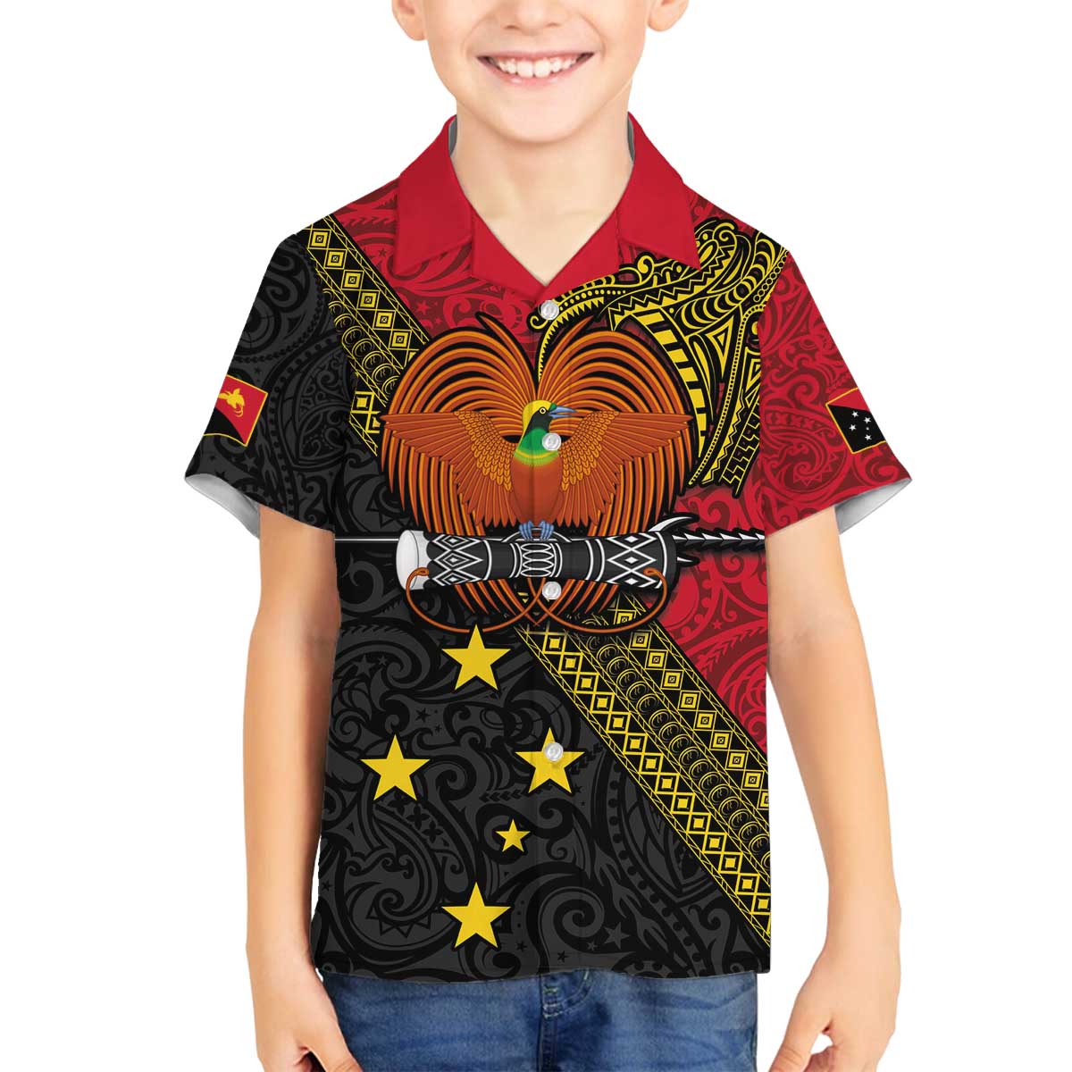 Papua New Guinea Goroka Show Family Matching Off The Shoulder Long Sleeve Dress and Hawaiian Shirt Bird-of-paradise and Melanesian Tattoo Pattern LT03 Son's Shirt Red - Polynesian Pride