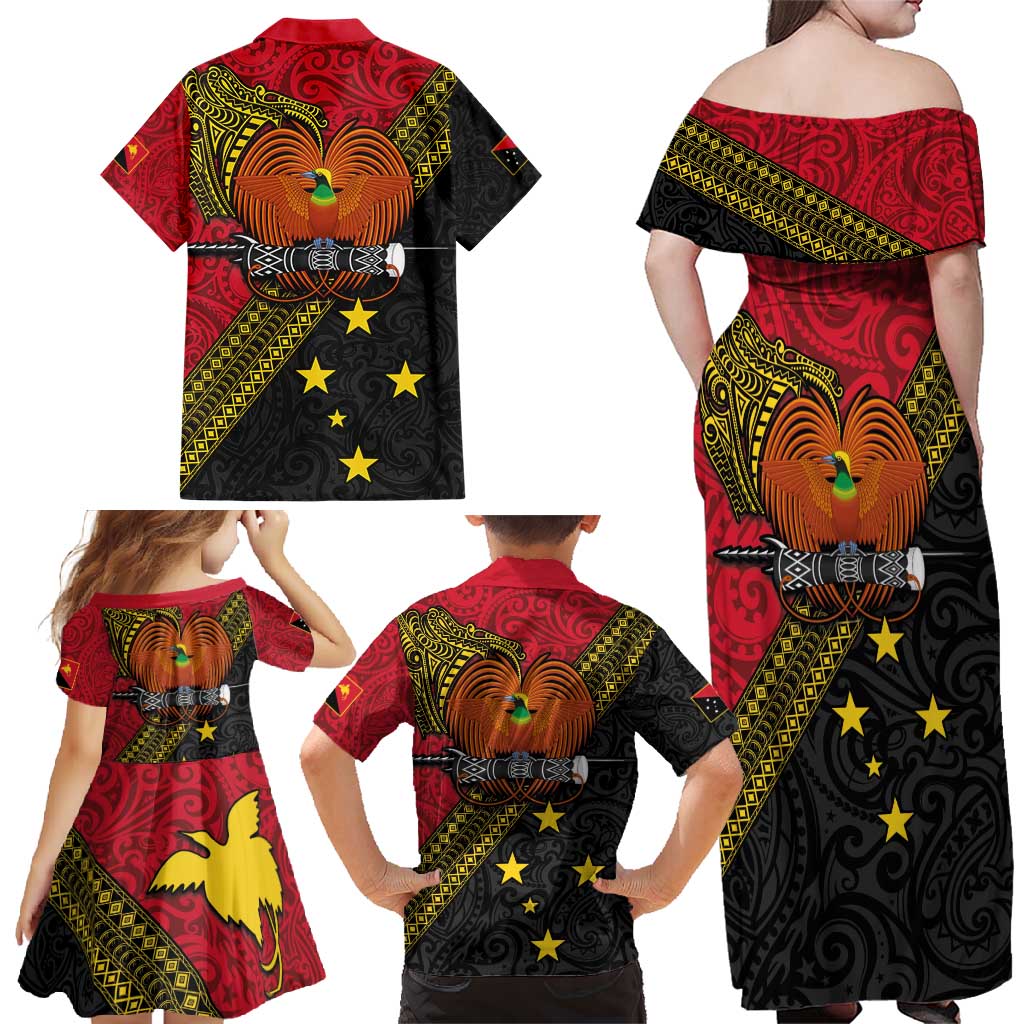Papua New Guinea Goroka Show Family Matching Off Shoulder Maxi Dress and Hawaiian Shirt Bird-of-paradise and Melanesian Tattoo Pattern LT03 - Polynesian Pride