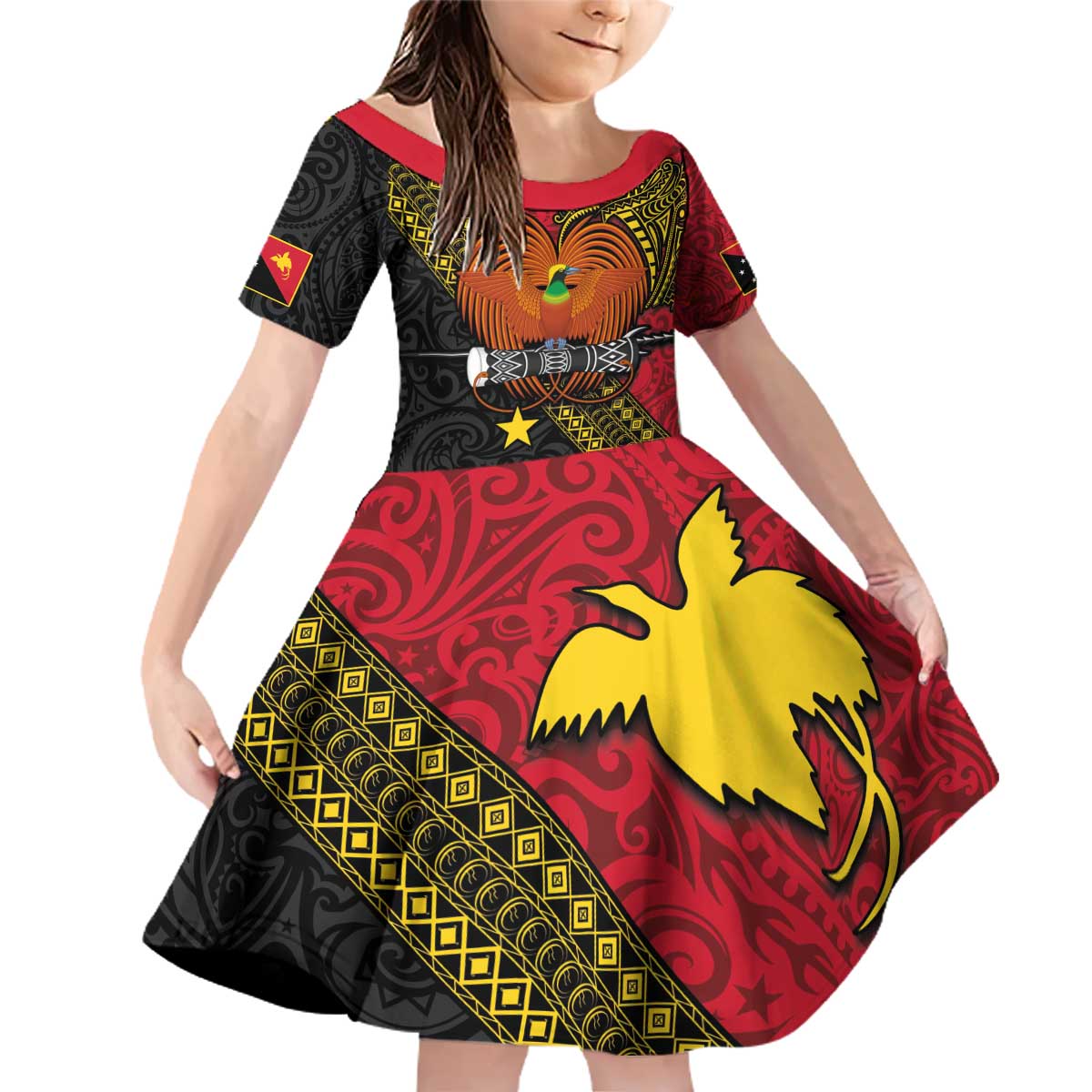 Papua New Guinea Goroka Show Family Matching Off Shoulder Short Dress and Hawaiian Shirt Bird-of-paradise and Melanesian Tattoo Pattern LT03 Daughter's Dress Red - Polynesian Pride