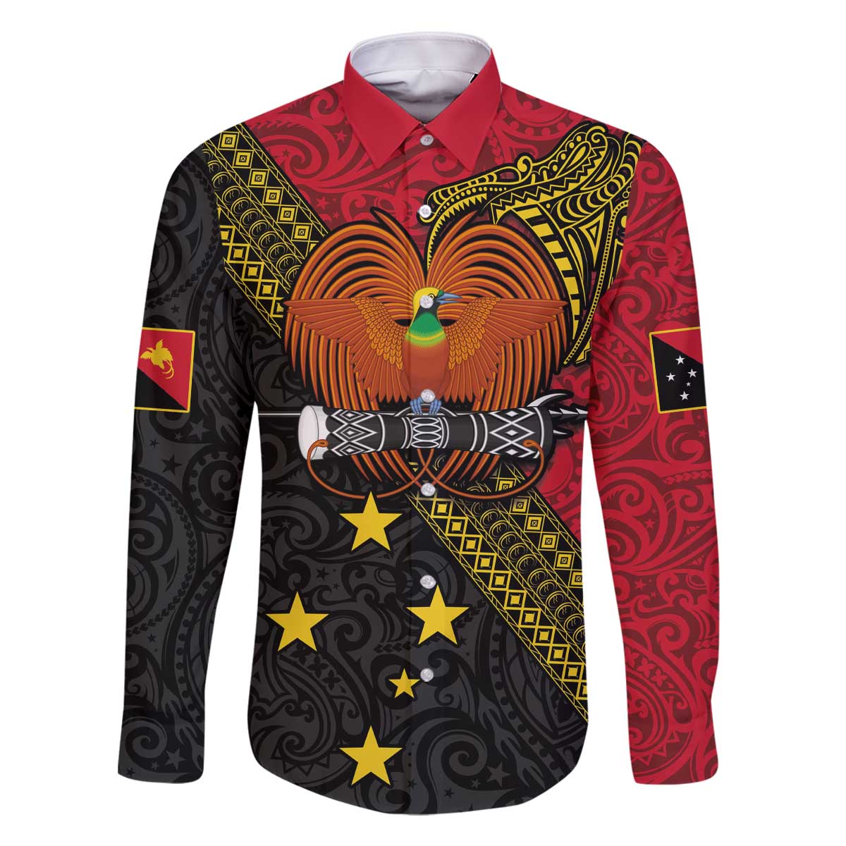 Papua New Guinea Goroka Show Family Matching Off Shoulder Short Dress and Hawaiian Shirt Bird-of-paradise and Melanesian Tattoo Pattern LT03 Dad's Shirt - Long Sleeve Red - Polynesian Pride