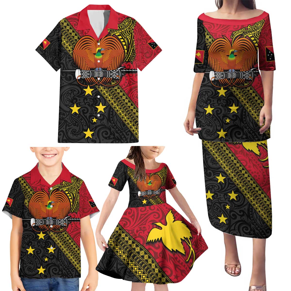 Papua New Guinea Goroka Show Family Matching Puletasi and Hawaiian Shirt Bird-of-paradise and Melanesian Tattoo Pattern LT03 - Polynesian Pride