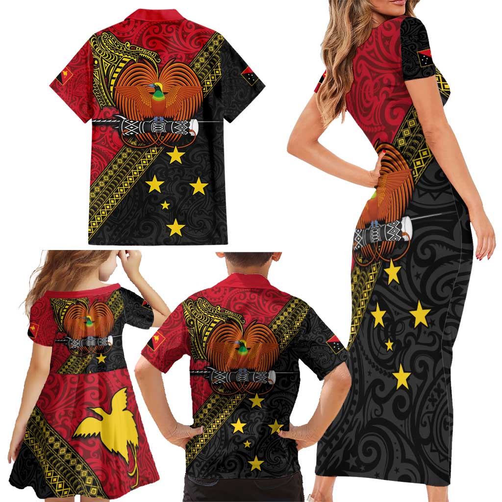 Papua New Guinea Goroka Show Family Matching Short Sleeve Bodycon Dress and Hawaiian Shirt Bird-of-paradise and Melanesian Tattoo Pattern LT03 - Polynesian Pride