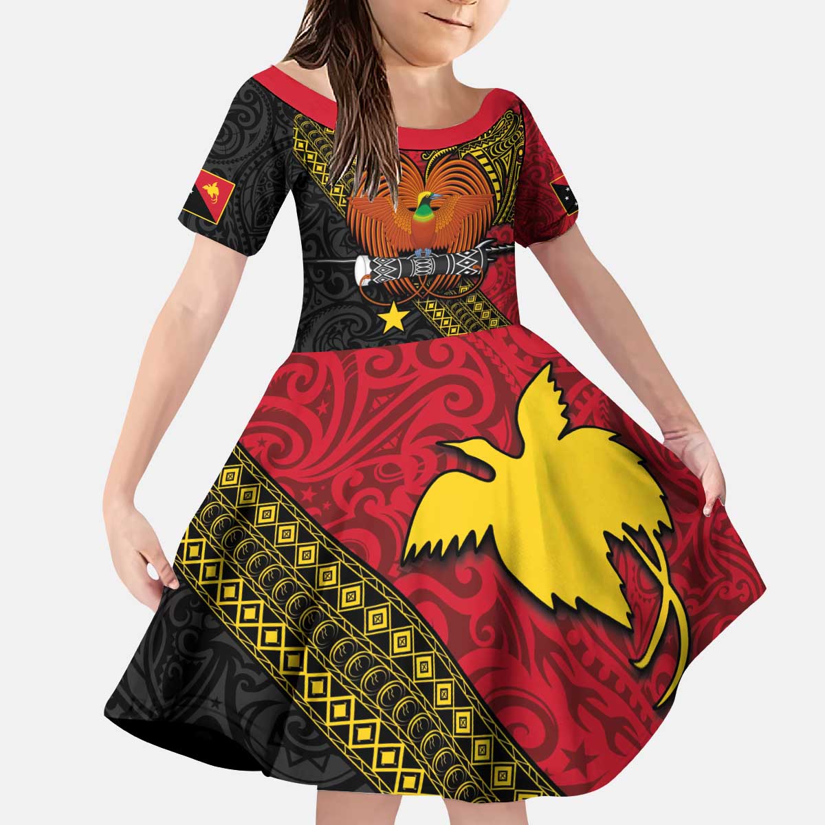 Papua New Guinea Goroka Show Kid Short Sleeve Dress Bird-of-paradise and Melanesian Tattoo Pattern LT03 KID Red - Polynesian Pride