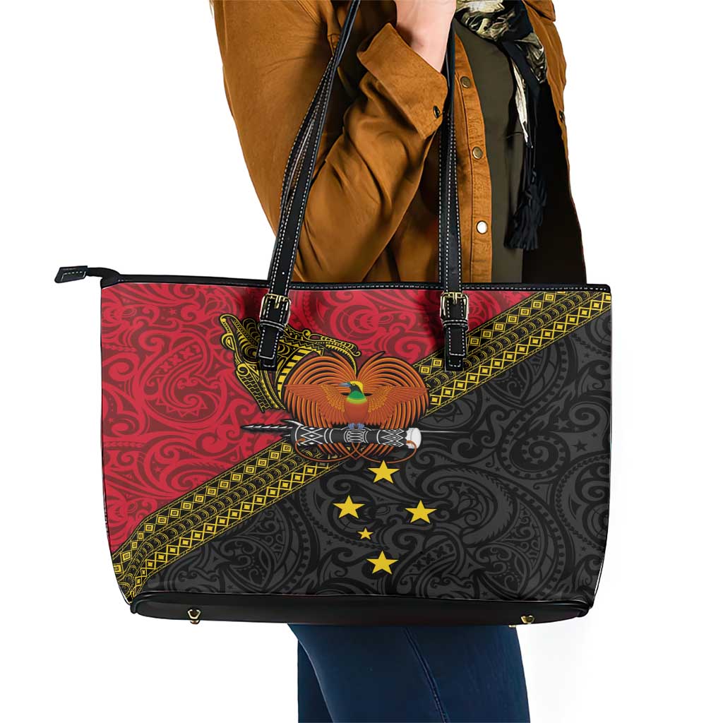 Papua New Guinea Goroka Show Leather Tote Bag Bird-of-paradise and Melanesian Tattoo Pattern LT03 - Polynesian Pride