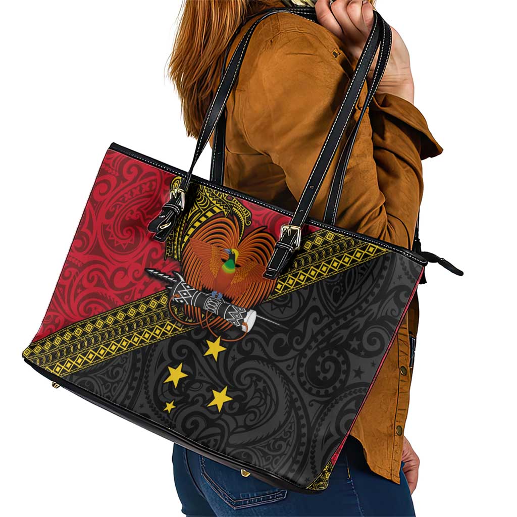 Papua New Guinea Goroka Show Leather Tote Bag Bird-of-paradise and Melanesian Tattoo Pattern LT03 - Polynesian Pride