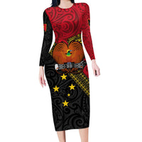 Papua New Guinea Goroka Show Long Sleeve Bodycon Dress Bird-of-paradise and Melanesian Tattoo Pattern LT03 Long Dress Red - Polynesian Pride