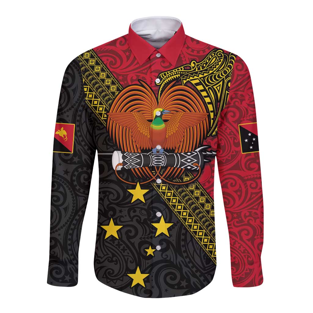Papua New Guinea Goroka Show Long Sleeve Button Shirt Bird-of-paradise and Melanesian Tattoo Pattern LT03 Unisex Red - Polynesian Pride