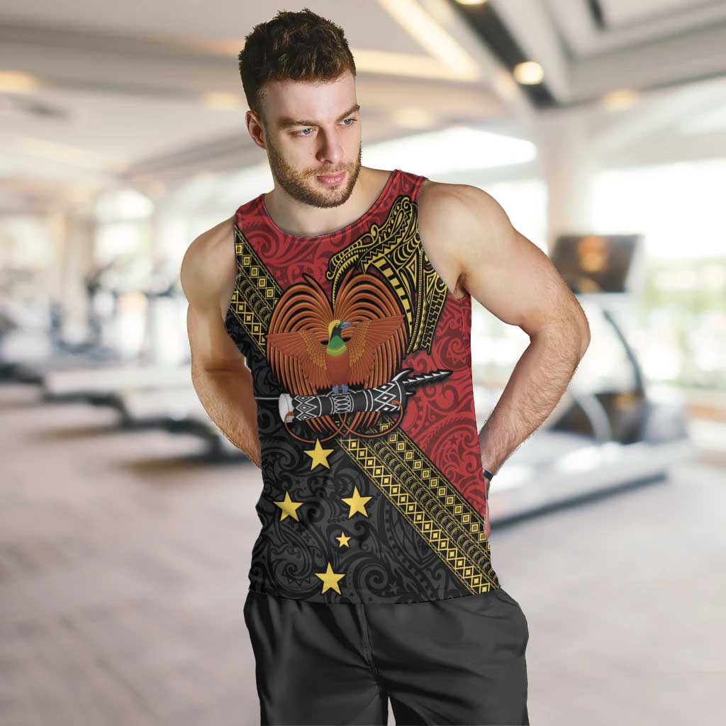 Papua New Guinea Goroka Show Men Tank Top Bird-of-paradise and Melanesian Tattoo Pattern LT03 Red - Polynesian Pride