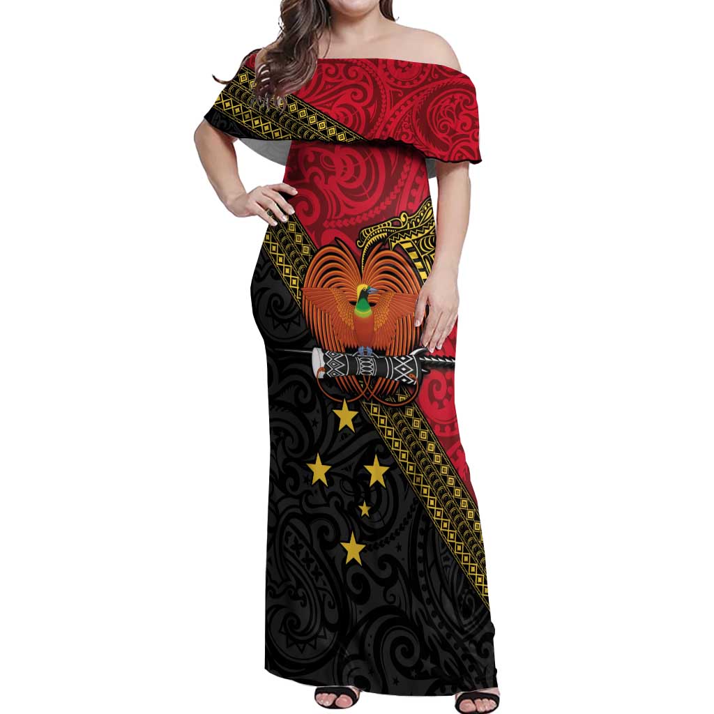 Papua New Guinea Goroka Show Off Shoulder Maxi Dress Bird-of-paradise and Melanesian Tattoo Pattern LT03 Women Red - Polynesian Pride