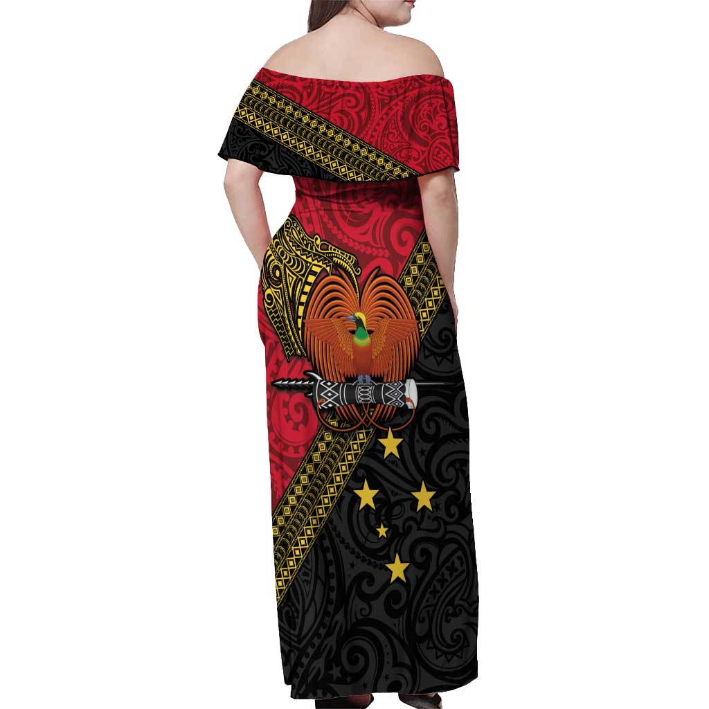 Papua New Guinea Goroka Show Off Shoulder Maxi Dress Bird-of-paradise and Melanesian Tattoo Pattern LT03 - Polynesian Pride