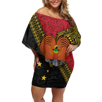 Papua New Guinea Goroka Show Off Shoulder Short Dress Bird-of-paradise and Melanesian Tattoo Pattern LT03 Women Red - Polynesian Pride